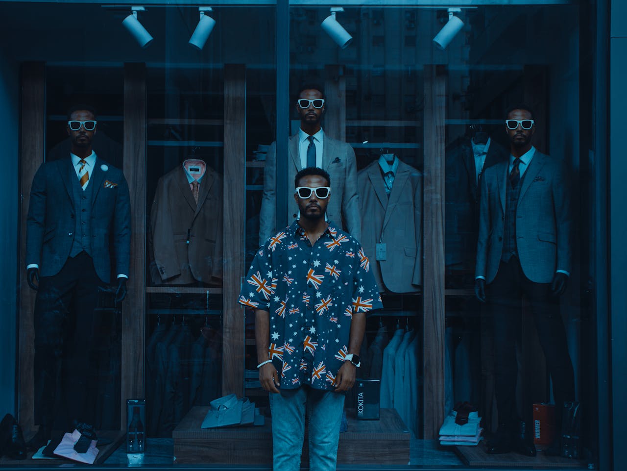 services-03 Fashion-forward men in sunglasses showcase suits in a chic London boutique display.